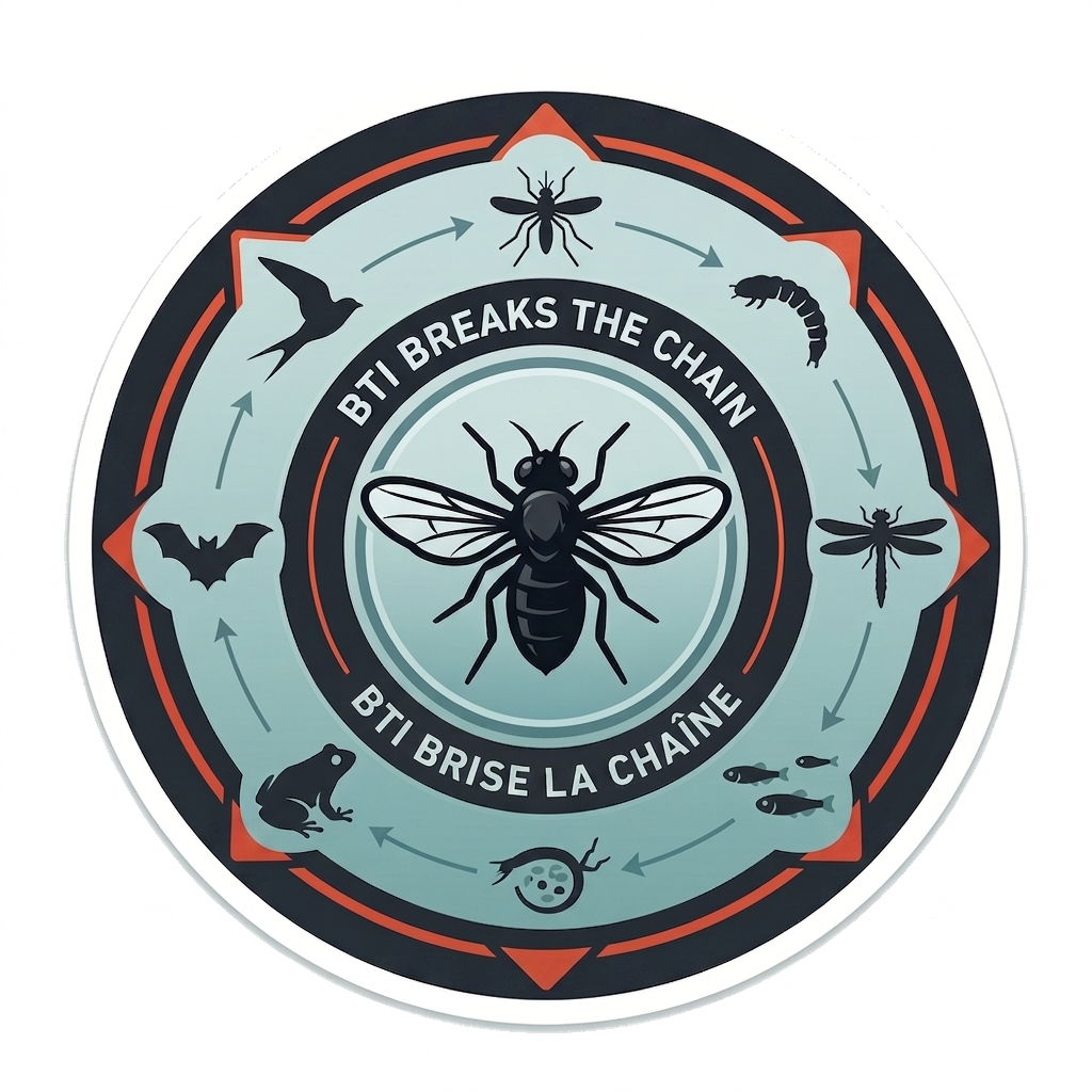 Logo circulaire bilingue BTI — « BTI brise la chaîne / BTI breaks the chain » — avec une mouche noire au centre et la chaîne alimentaire autour