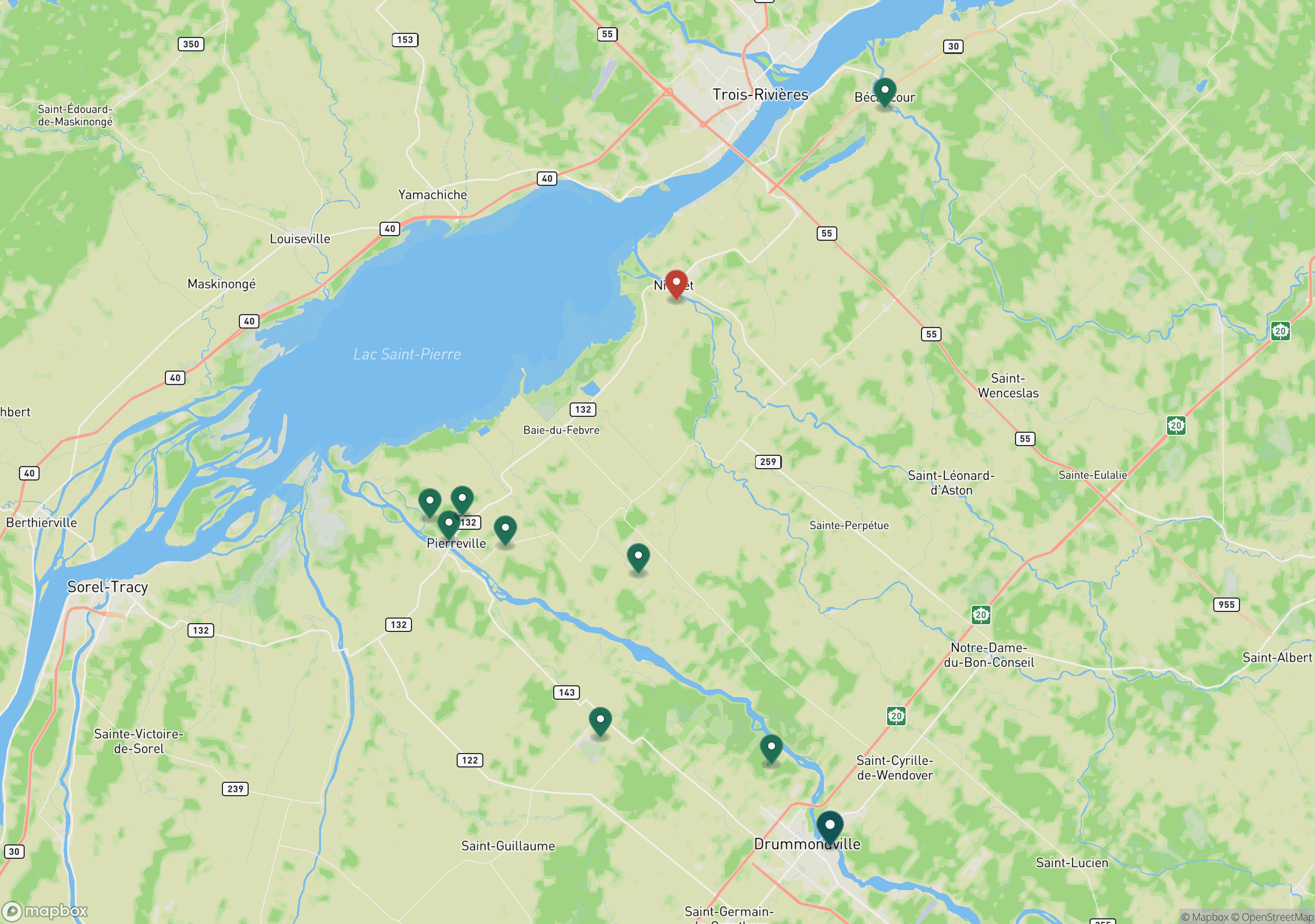 Carte du corridor de la rivière Saint-François, de Drummondville jusqu’au lac Saint-Pierre. Marqueurs de traitement actif sur Drummondville, Saint-Majorique-de-Grantham, Saint-Bonaventure, Saint-Pie-de-Guire, Saint-Elphège, Saint-François-du-Lac, Pierreville, Odanak et Bécancour; Nicolet (en rouge) a cessé.